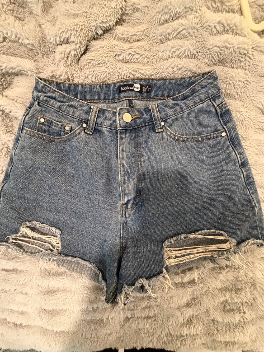 boohoo Mid-Blue Distressed High-Rise Denim Shorts